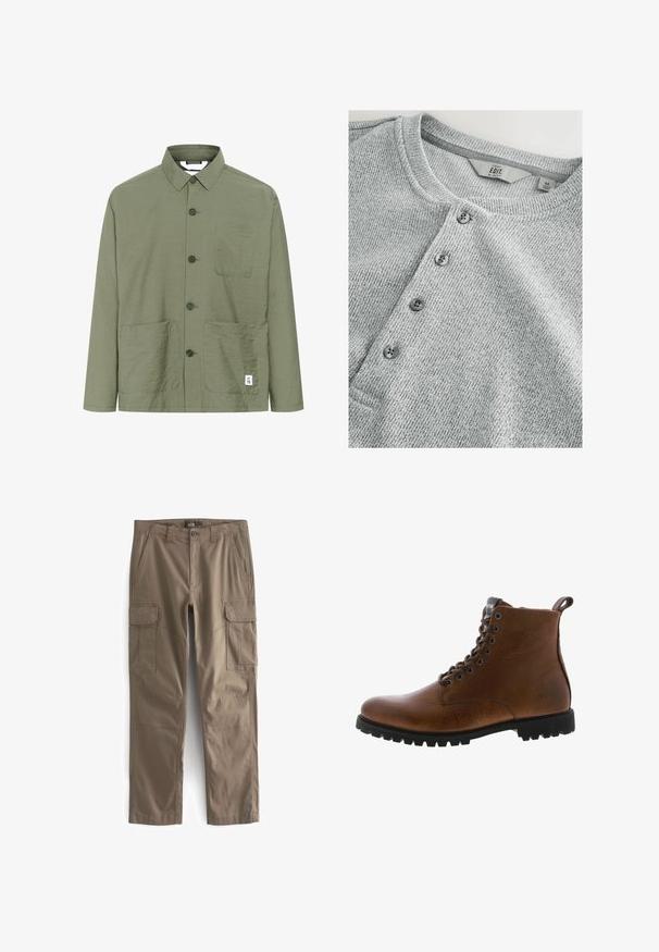 Camisa de botones color verde oliva con cuello, dos bolsillos frontales y una etiqueta en el dobladillo. Tela ligera y texturizada, con corte recto.; Camisa de punto gris de manga larga con cuello redondo, tapeta de cinco botones, textura acanalada y un diseño ajustado. La etiqueta indica talla M.; Pantalones cargo color caqui fabricados con tejido duradero, que presentan múltiples bolsillos laterales, un corte clásico, diseño de pierna recta y detalles de costura reforzados.; Botas de cuero marrón hasta el tobillo con acabado texturizado, ojales de metal y suela de goma negra con protuberancias. Presenta una lengüeta en la parte posterior para facilitar su uso.