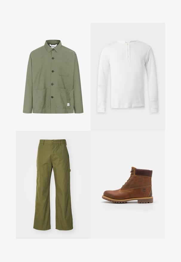 Olivgrünes, knöpfbares Hemd mit Kragen, zwei Fronttaschen und einem Etikett am Saum. Leichter, strukturierten Stoff und gerader Schnitt.; Weißes Thermo-Langarmshirt mit rundem Ausschnitt und Drei-Knopf-Leiste, flach auf hellem Hintergrund präsentiert.; Olivgrüne, weite Hosen aus strapazierfähigem Material, mit Knopfverschluss, seitlichen Taschen und einem geraden Saumdesign.; Braune Lederwanderschuhe mit glatter Oberfläche, gepolstertem Knöchel, Metallösen und einer Gummisohle mit robustem Profil.