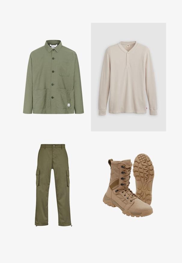 Olijfgroene button-up shirt met een kraag, twee voorzakken en een label aan de zoom. Lichtgewicht, gestructureerde stof en rechte snit.; Lange mouwen henley-shirt in lichtbeige ribbelstof, met een V-hals, een drieknoopsluiting en manchetten. Rode logo-label aan de onderkant.; Olijfgroene cargobroek met een rechte snit, twee zijzakken en ritsdetails bij de broekspijpen. Gemaakt van duurzame stof.; Tan tactische laars met veterontwerp tot aan de enkel en stevige rubberen zool, één laars rechtopstaand en één die het profielpatroon toont.