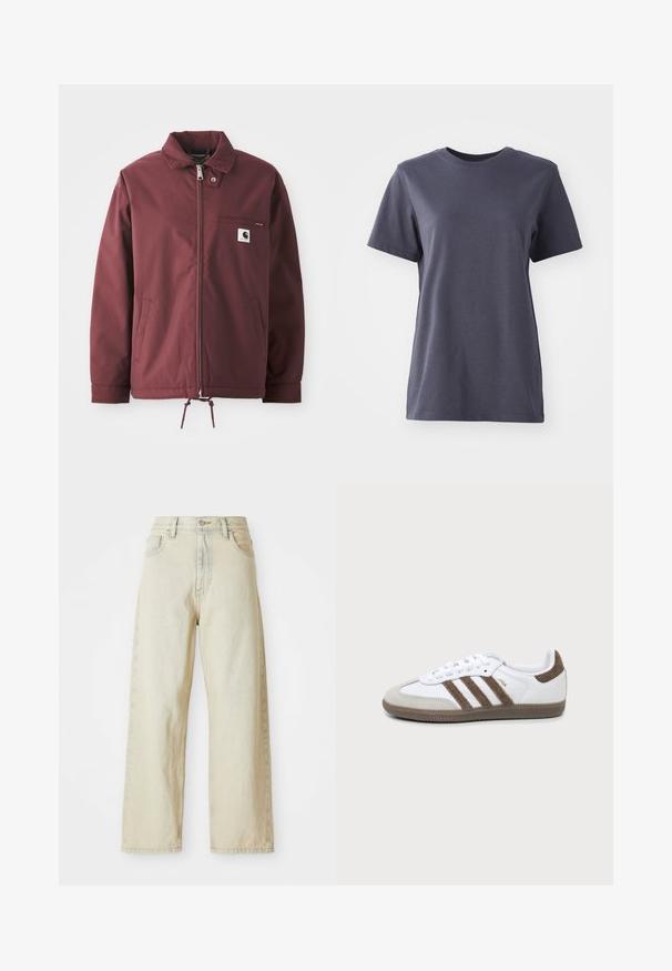 Veste utilitaire bordeaux en tissu durable. Dotée d'une fermeture éclair à l'avant, d'un col montant, d'une poche sur la poitrine et d'un cordon de serrage réglable à l'ourlet.; T-shirt à manches courtes en coton gris foncé, design col rond, texture lisse, ourlet droit, sans motifs ni détails matériels visibles.; Jean en denim à jambe large de couleur beige clair, avec poches avant, taille haute et détails de couture subtils. Fabriqué en tissu denim texturé.; Basket Adidas Samba blanche et marron avec trois bandes marron, lacets et semelle texturée, vue de côté sur fond uni.