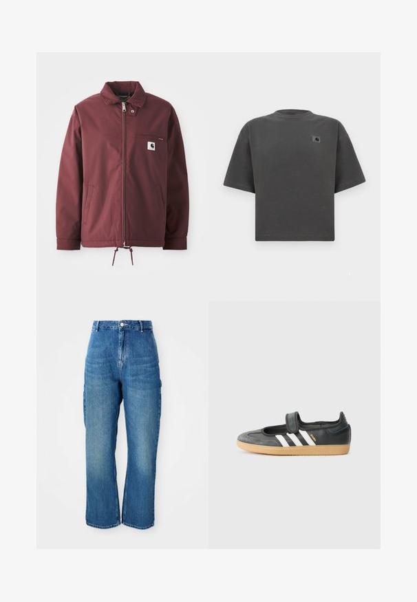 Veste utilitaire bordeaux en tissu durable. Dotée d'une fermeture éclair à l'avant, d'un col montant, d'une poche sur la poitrine et d'un cordon de serrage réglable à l'ourlet.; T-shirt ample à manches courtes de couleur gris foncé, avec col rond et petite étiquette logo Carhartt sur la poitrine gauche.; Jean en denim bleu taille haute à jambe droite avec fermeture à bouton et zip à l'avant, et poches cargo sur les côtés sur fond blanc.; Sneaker en cuir noir et suède avec une sangle Velcro, arborant trois bandes blanches et une semelle en caoutchouc, étiqueté "SAMBA" sur le côté.