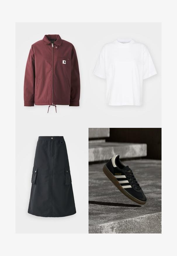Veste utilitaire bordeaux en tissu durable. Dotée d'une fermeture éclair à l'avant, d'un col montant, d'une poche sur la poitrine et d'un cordon de serrage réglable à l'ourlet.; T-shirt en coton blanc avec un col rond, des manches courtes et une coupe décontractée. Présente un logo discret sur la zone gauche de la poitrine. Texture lisse.; Jupe noire mi-mollet en tissu léger, dotée d'une taille élastique, de deux poches cargo et d'un léger brillant.; Baskets Adidas noires avec des bandes blanches et une semelle en gomme flottant au-dessus d'escaliers en béton gris sous une lumière naturelle.