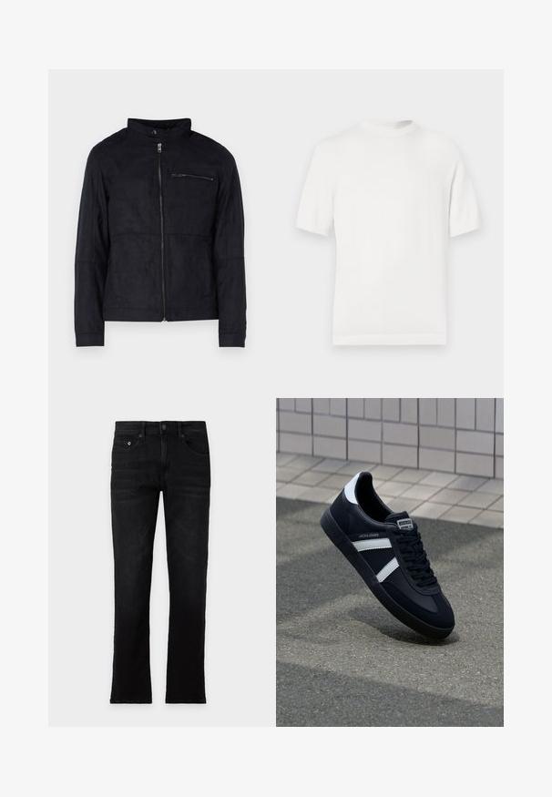 Sort jakke lavet af suede-lignende materiale, med ståkrave, front lynlås og en lynlåslomme på brystet. Enkel design med skræddersyet pasform.; Hvid kortærmet strik t-shirt med rund halsudskæring, der har en glat overflade og ribbede detaljer ved kraven og kanten.; Sorte jeans med lige ben, for- og baglommer, knap og lynlås, fladt lagt på en lys baggrund. Ingen synlig slid eller branding.; Sort lædersneaker med hvide striber, tekstureret gummisål og snørrebånd foran. Har et brandet mærke på tungen.