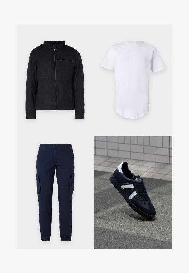Sort jakke lavet af suede-lignende materiale, med ståkrave, front lynlås og en lynlåslomme på brystet. Enkel design med skræddersyet pasform.; Hvid kortærmet t-shirt lavet af bomuld. Rund halsudskæring med en buet kant. Etiket synlig på nederste venstre side. Glat tekstur.; Marine cargo bukser med elastiske manchetter, flere sidelommer og lynlås. Fremstillet af et slidstærkt stof med glat tekstur.; Sort lædersneaker med hvide striber, tekstureret gummisål og snørrebånd foran. Har et brandet mærke på tungen.