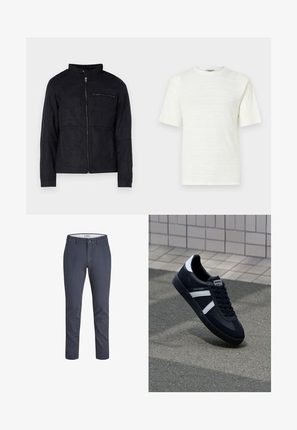 Sort jakke lavet af suede-lignende materiale, med ståkrave, front lynlås og en lynlåslomme på brystet. Enkel design med skræddersyet pasform.; Hvid kortærmet T-shirt lavet af tekstureret stof med et subtilt vandret mønster. Rund hals design, afslappet pasform.; Marineblå bukser lavet af bomuld med en glat tekstur, der har en frontknaplukning og sidelommer, samt et tapered ben-design.; Sort lædersneaker med hvide striber, tekstureret gummisål og snørrebånd foran. Har et brandet mærke på tungen.