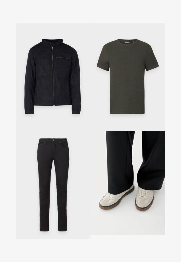 Sort jakke lavet af suede-lignende materiale, med ståkrave, front lynlås og en lynlåslomme på brystet. Enkel design med skræddersyet pasform.; Mørkegrøn kortærmet t-shirt med rund halsudskæring, lavet af ribbet materiale; har et enkelt, minimalistisk design uden mønstre.; Sorte jeans med slim fit. Fremstillet af denim, med lynlås, fem lommer og diskrete syninger.; Fødder iført beige sneakers med brune såler og sorte bukser med vide ben på hvid baggrund.