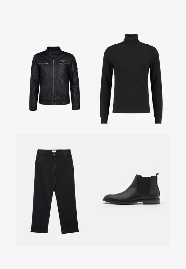 Chaqueta de cuero negra con cierre de cremallera, cuello acanalado y múltiples bolsillos con cremallera. Presenta un parche en el lado izquierdo del pecho y un acabado texturizado.; Suéter de cuello alto negro de lana. Con mangas largas, puños y dobladillo acanalados, textura suave y un diseño ajustado.; Pantalones de mezclilla negros con corte recto, con cierre de botones, cuatro bolsillos y tela texturizada. Diseño simple y versátil.; Bota Chelsea de cuero negro con paneles elásticos en los laterales, punta redondeada y tirador, que presenta un tacón bajo y una textura suave.