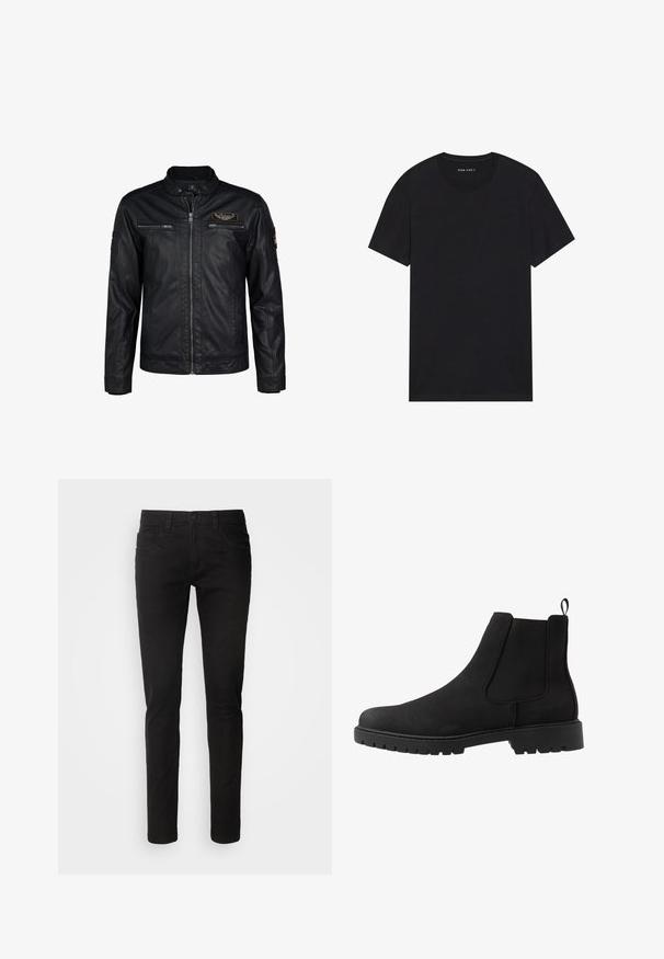Chaqueta de cuero negra con cierre de cremallera, cuello acanalado y múltiples bolsillos con cremallera. Presenta un parche en el lado izquierdo del pecho y un acabado texturizado.; Camiseta de algodón negra con mangas cortas y escote redondo. La tela tiene una textura suave y un diseño simple y sólido.; Vaqueros de mezclilla negra con un ajuste slim, diseño de cinco bolsillos, cremallera en la bragueta y una textura limpia y suave. Cintura estándar con pasadores para cinturón.; Pier One UNISEX - Botines - black