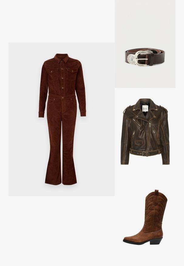 Mørkebrun læder bikerjakke med asymmetrisk lynlås, lynlåslommer, bælte i taljen, skulderepauletter og reverskrave.; Brun fløjl jumpsuit med krave, lange ærmer, flagrende ben, brystlommer og metalknapdetaljer. Glat tekstur og tætsiddende design.; ONLY SHOES ONLBRONCO-1 - Cowboy- / bikerstøvler - brown stone; Brunt læderbælte med en bred, sølvfarvet dekorativ spænde, der har en turkis accent og detaljeret mønster langs spændets kant.