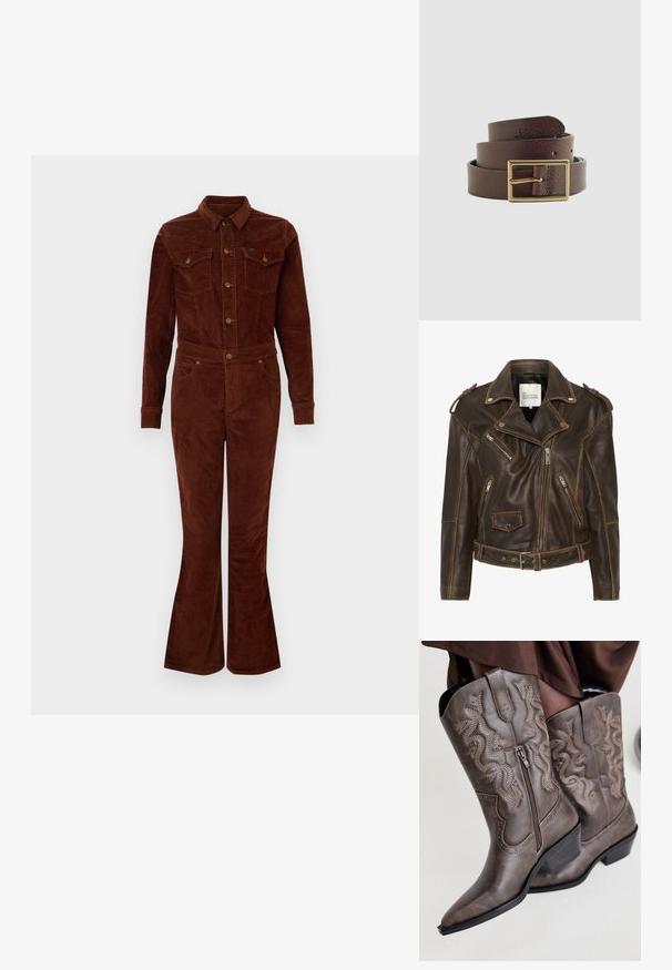 Mørkebrun læder bikerjakke med asymmetrisk lynlås, lynlåslommer, bælte i taljen, skulderepauletter og reverskrave.; Brun fløjl jumpsuit med krave, lange ærmer, flagrende ben, brystlommer og metalknapdetaljer. Glat tekstur og tætsiddende design.; Brune læder cowboystøvler med spids tå, sidelukning og struktureret slange-design i beige, med dekorative nitter langs kanterne.; Snoet mørkebrunt læderbælte med en messing rektangulær spænde og præget "Levi's" logo på spidsen af bæltet.