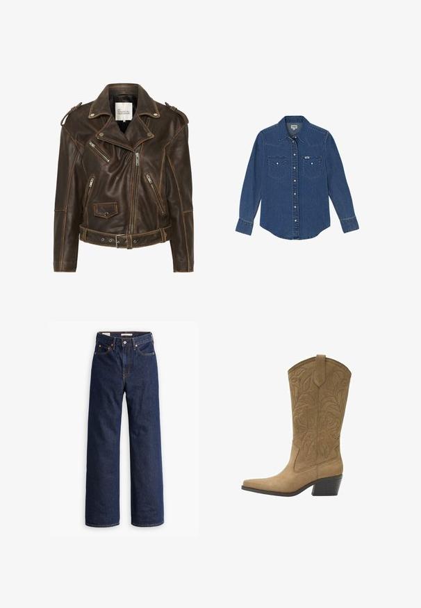 Mørkebrun læder bikerjakke med asymmetrisk lynlås, lynlåslommer, bælte i taljen, skulderepauletter og reverskrave.; Wrangler LONG SLEEVE WESTERN FOR REGULAR FIT - Skjortebluser - dark wash; Mørkeblå straight-leg denim jeans med fem lommer, orange syninger og knaplukning.; Kamel-farvet ruskinds cowboystøvle med blomsterbroderi, spids snude, trække-flig og stablet mellemhøj hæl.