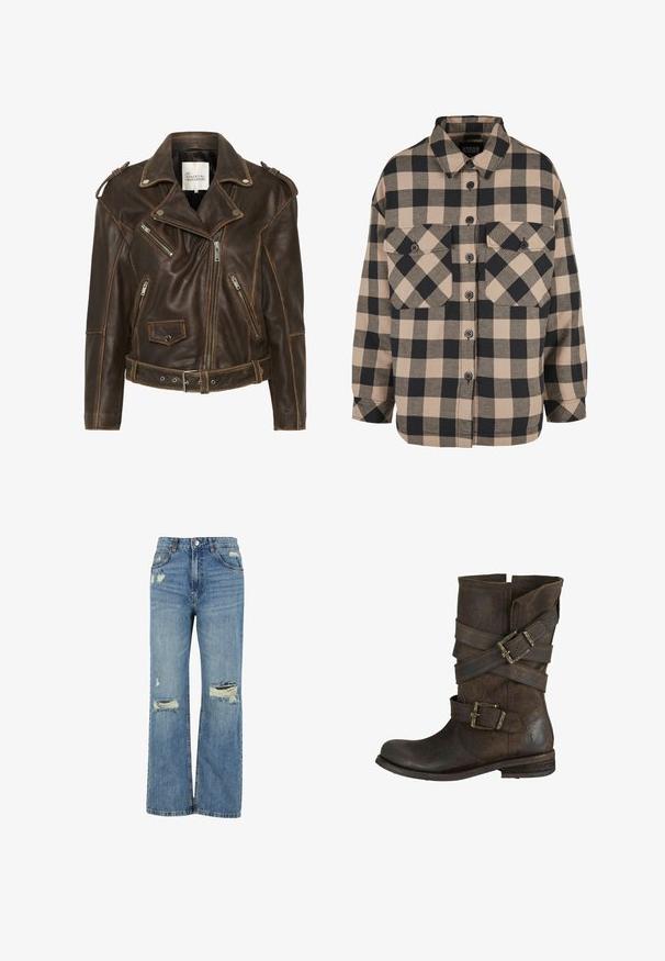 Mørkebrun læder bikerjakke med asymmetrisk lynlås, lynlåslommer, bælte i taljen, skulderepauletter og reverskrave.; Rutet flannel skjorte i beige og mørkegrå. Har en knap-ned front, to brystlommer og en nedfoldet krave. Løs pasform.; Lyseblå denim jeans med højtalje, bred benpasform, slidte huller ved knæene og klassisk fem-lomme design.; Brune læder ankelstøvle med flad hæl. Har flere spændte stropper og slidte tekstur. Rund tå og let løs design.