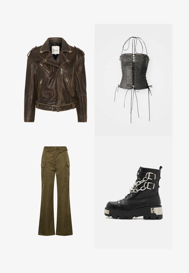 Mørkebrun læder bikerjakke med asymmetrisk lynlås, lynlåslommer, bælte i taljen, skulderepauletter og reverskrave.; Jaded London LONGLINE LACE UP HALTER CORSET - Top - black; Olivenfarvede cargobukser med høj talje, brede ben, flere sidelommer og metalhardware-accenter på taljen.; Koi Footwear SHACKLED SHADOWS HEAVY DUTY CHAIN - Cowboy- / bikerstøvlette - black