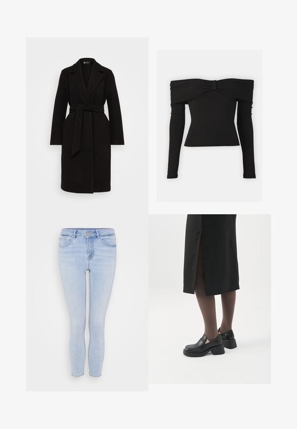Manteau en laine noire avec un col châle, taille ceinturée, manches longues et poches latérales, présentant un design épuré et élégant.; Haut noir à épaules nues avec un accent en nœud au niveau du col, manches longues et un design ajusté en tissu lisse et extensible.; Jeans skinny en denim bleu clair avec une taille mi-haute, cinq poches, une finition délavée et des coutures contrastées le long des coutures.; Femme portant des mocassins noirs à talons épais, des collants noirs transparents et une jupe noire fendue à l'arrière sur fond blanc.
