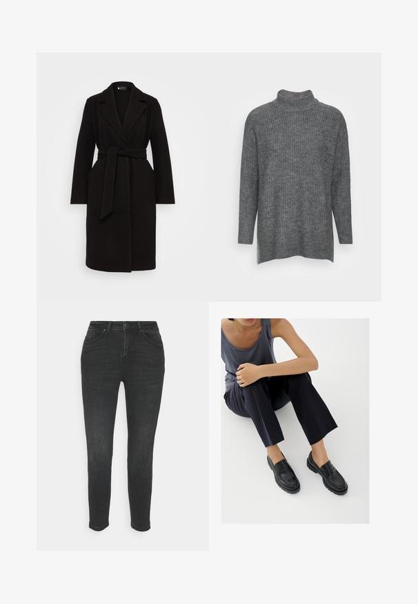 Schwarzer Wollmantel mit Schalkragen, taillierter Taille, langen Ärmeln und Seitentaschen, der ein sauberes, schlankes Design aufweist.; ONLY Petite ONLKARINNA HIGHNECK - Strickpullover - medium grey melange; Schwarze Skinny-Jeans mit einer glatten Denim-Oberfläche, ausgestattet mit einem Fünf-Taschen-Design, Gürtelschlaufen und einem Frontknopfverschluss.; Schwarze Leder-Loafer mit strukturierten Akzenten, niedrigem Absatz, rundem Zehenbereich und sichtbarer Naht. Das Modell trägt dunkle Hosen und ein graues Oberteil.