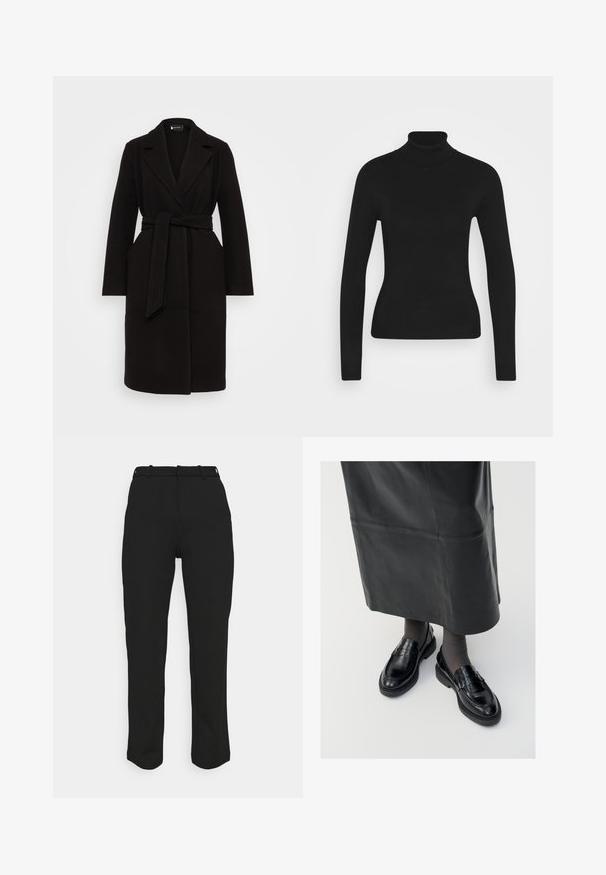 Manteau en laine noire avec un col châle, taille ceinturée, manches longues et poches latérales, présentant un design épuré et élégant.; Pull à col roulé noir avec des manches longues, fabriqué à partir d'un tissu en maille lisse. Présente un design ajusté et un col côtelé.; Pantalons noirs ajustés à coupe droite, fabriqués à partir d'un tissu lisse. Comprend des passants de ceinture et une taille propre sans poches visibles.; Mocassins en cuir noir avec une finition lisse, ornés d'une bande décorative, à bout rond et avec une semelle texturée. Portés avec une longue jupe en cuir noir.