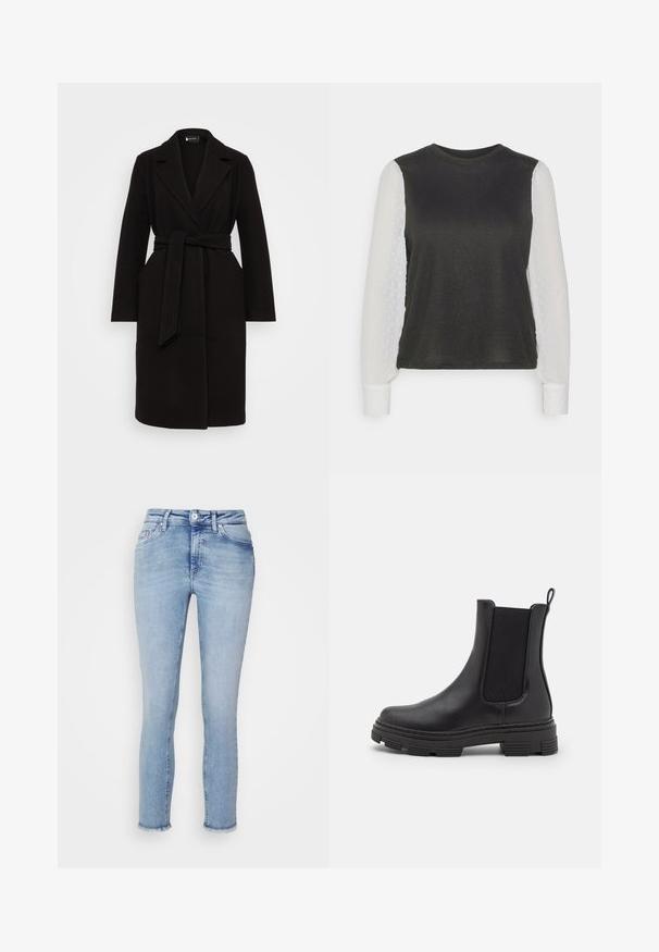 Zwarte wollen jas met een sjaalkraag, ceintuur in de taille, lange mouwen en zijzakken, met een schoon en gestroomlijnd ontwerp.; ONLY Petite ONLAISSHA - Trui - black/cloud dancer; ONLY Petite ONLBLUSH MID RAW - Jeans Skinny Fit - medium blue denim; Zwarte leren enkellaars met elastische zijpanelen, ronde neus en een gestructureerde rubberen zool. Voorzien van een lus aan de achterkant voor gemakkelijk aan- en uittrekken.