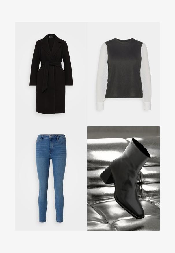 Sort uldfrakke med sjalskrave, bælte i taljen, lange ærmer og sidelommer, der har et rent, strømlinet design.; ONLY Petite ONLAISSHA - Striktrøje - black/cloud dancer; Slank jeans i medium blå denim, med en frontknaplukning, bæltestroppene og fem lommestil med en glat tekstur.; Sorte ankelstøvler lavet af glossy materiale med firkantet tå og spidse hæle, sat mod en skinnende sølv tuftet baggrund.