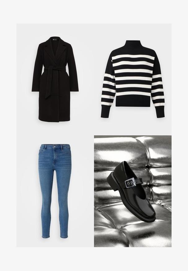 Sort uldfrakke med sjalskrave, bælte i taljen, lange ærmer og sidelommer, der har et rent, strømlinet design.; Sort-hvidt vandret stribet strikpullover med høj ribbet krave samt ribstrikkede manchetter og kant.; Slank jeans i medium blå denim, med en frontknaplukning, bæltestroppene og fem lommestil med en glat tekstur.; Sorte læder Mary Jane sko med firkantet tå, en sølv spænde accent og en chunky lav hæl, sat mod en glansfuld sølv baggrund.
