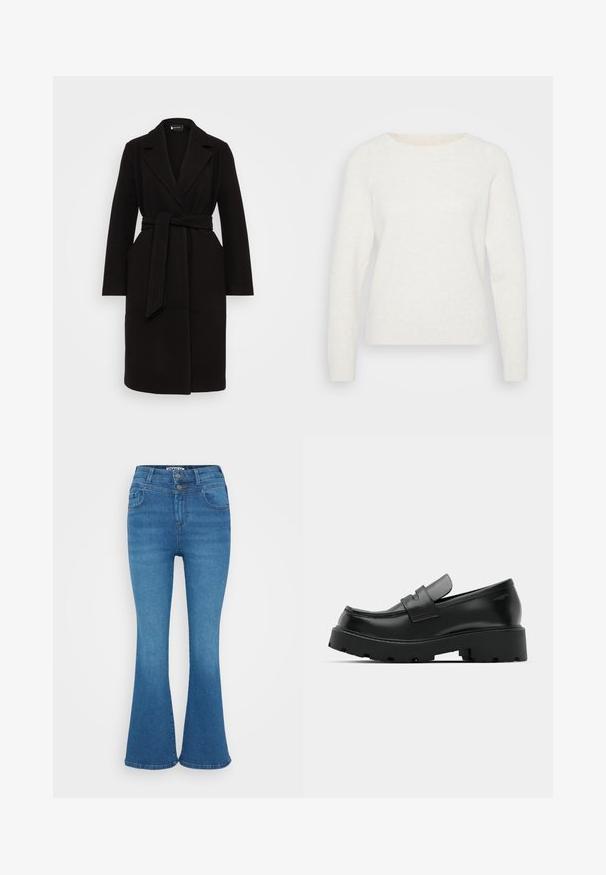 Sort uldfrakke med sjalskrave, bælte i taljen, lange ærmer og sidelommer, der har et rent, strømlinet design.; Hvid strikket sweater med lange ærmer, rund halsudskæring og ribbet kant. Blød tekstur med en let fuzzy overflade. Ingen synlige mønstre.; Blå denim flared jeans med høj talje, to-knaps lukning og diskret falmning. Klassisk fem-lomme design, glat tekstur.; Sorte læder loafers med en chunky tekstureret sål, der har en rem over vamps og en glat, poleret finish.