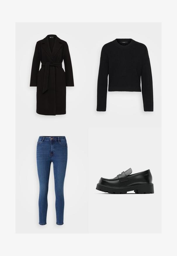 Sort uldfrakke med sjalskrave, bælte i taljen, lange ærmer og sidelommer, der har et rent, strømlinet design.; Sort cropped sweater lavet af strikket stof. Har en rund halsudskæring, lange ærmer og en tekstureret overflade med en tætsiddende pasform ved kanten.; Slanke jeans lavet af denim i en dyb blå farve med svag slidtegn. Har en lynlås, forlommer og rene kanter.; Sorte læder loafers med en chunky tekstureret sål, der har en rem over vamps og en glat, poleret finish.