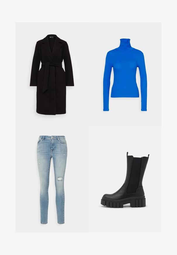 Zwarte wollen jas met een sjaalkraag, ceintuur in de taille, lange mouwen en zijzakken, met een schoon en gestroomlijnd ontwerp.; Pieces Petite PCKITTE ROLLNECK - Longsleeve - princess blue; ONLY Petite ONLSHAPE - Jeans Skinny Fit - light blue denim; Zwarte enkellaars met een combinatie van nepleer en elastische zijpanelen. Chunky plateauzool met verticale groeven voor grip.