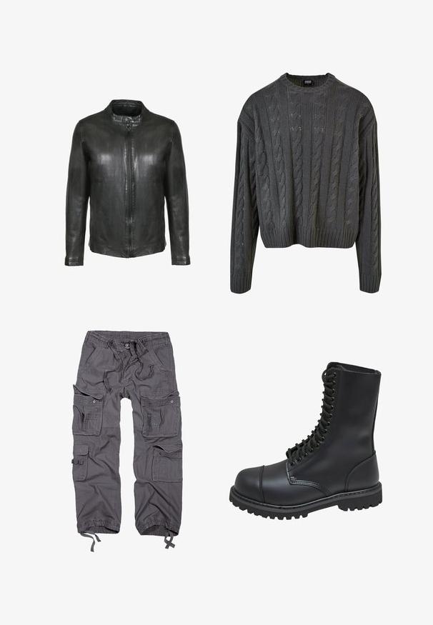 Schwarze Lederjacke mit frontalen Reißverschluss und Druckknopfkragen, langen Ärmeln und glatter Oberfläche.; Dunkelgrauer, grob gestrickter Pullover mit Rundhalsausschnitt, fallenden Schultern und geripptem Saum. Verfügt über strukturierte Muster im gesamten Design.; Graue Cargo-Hosen mit mehreren Taschen, verstellbarem Bund, Knopfverschluss, schmal zulaufenden Säumen und einer strukturierten Stoffoberfläche.; Schwarze Lederkampfstiefel mit hohem Schaft, Schnürung an der Vorderseite, gepolstertem Kragen und rutschfester, strukturierter Sohle für guten Halt. Mit verstärkter Zehenkappe.