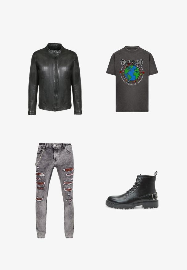 Schwarze Lederjacke mit frontalen Reißverschluss und Druckknopfkragen, langen Ärmeln und glatter Oberfläche.; Dunkelgraues T-Shirt mit buntem Erd-Graphic, umgeben von tanzenden Bären, "Grateful Dead"-Text darüber und "Sechzig Jahre bis jetzt" darunter.; Graue, stark abgenutzte Jeans mit mehreren Rissen, die darunter liegenden rot-schwarz karierten Stoff offenbaren. Mit seitlichem Kettendetail und schmal zulaufendem Schnitt.; Schwarzer Lederkampfstiefel mit Schnürsenkeln, Metallösen, robustem Sohlen, einer Schlaufe am Absatz und einem dekorativen Schnallenriemen an der Seite.