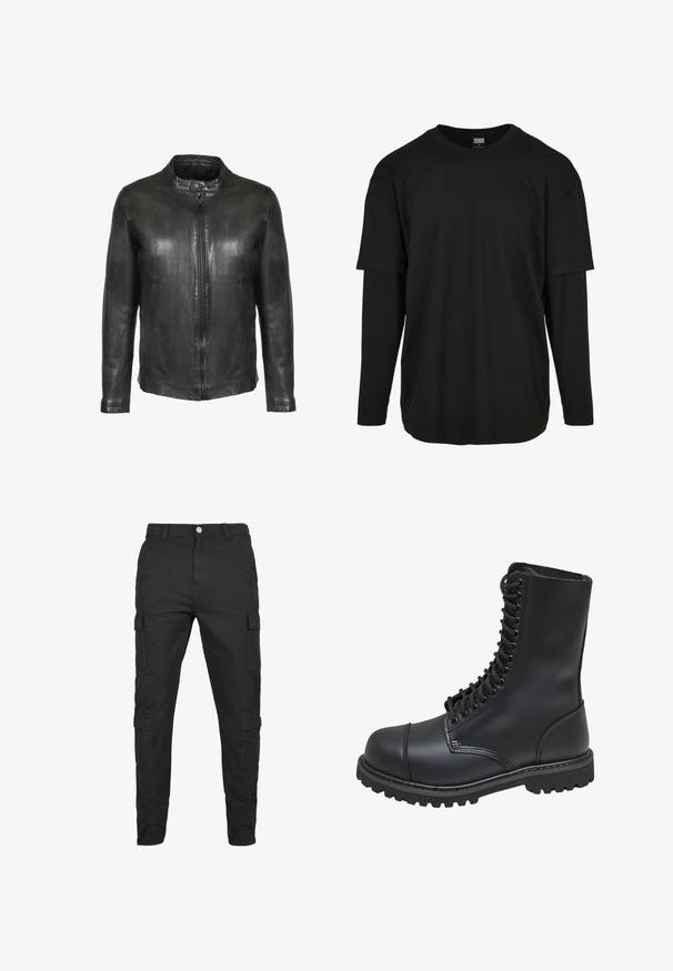Musta nahkatakki, jossa on etuvetoketju ja nappikiinnitteinen kaulus, pitkät hihat ja tasainen pinta.; Urban Classics OVERSIZED SHAPED DOUBLE LAYER LS TEE - Pitkähihainen paita - black/black; Mustat cargo-housut, jotka on valmistettu kestävästä kankaasta. Ominaisuuksiin kuuluu useita sivutaskuja, nappikiinnitys ja kapeneva lahje. Tasainen etuosa, ei kuvioita.; Musta nahkasaapas korkealla varrella, nauhakiinnityksellä, pehmustetulla kauluksella ja karhealla teksturoidulla pohjalla pitävyyttä varten. Varustettu vahvistetulla kärjellä.