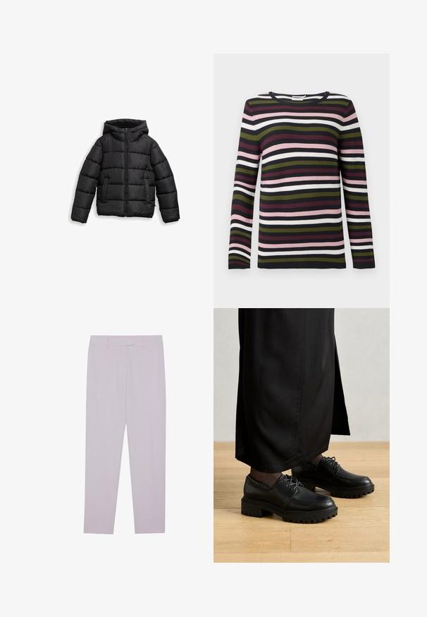 Sort dunjakke med lynlås foran, justerbar hætte, quiltet tekstur og sidelommer til varme og funktionalitet. Blødt, skinnende materiale.; Stribet langærmet sweater i marineblå, burgundy, grøn, lyserød og hvid. Ribbet tekstur med rund halsudskæring og tætsiddende ærmer.; Lyslilla bukser lavet af glat stof, med en skræddersyet pasform, bæltestropper og et lige ben-design.; Sorte lædersko med rund tå, tyk gummisål og snørebånd. Designet har dekorativ syning langs overdelen.