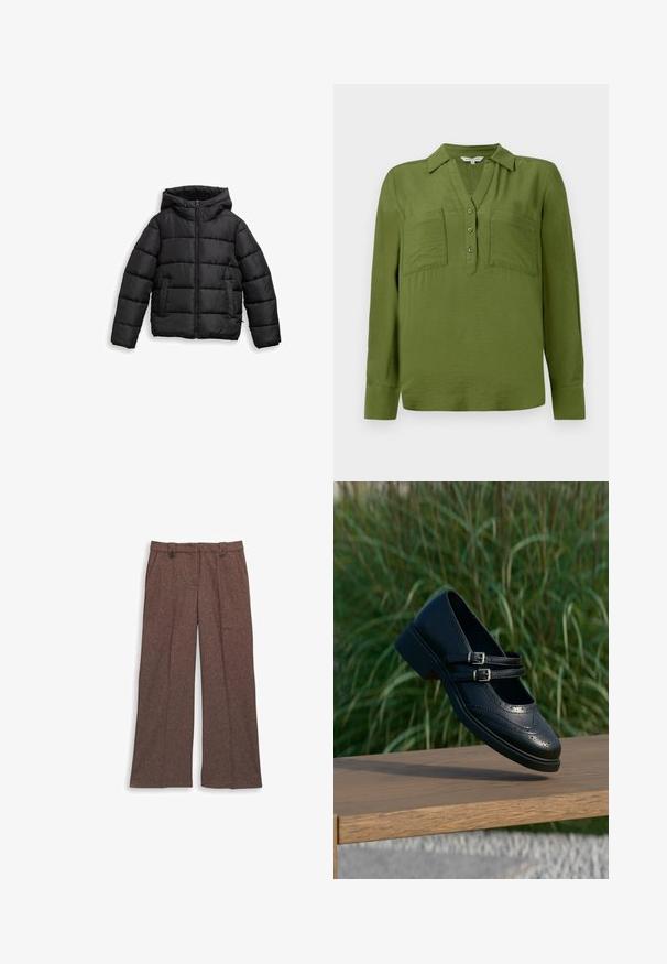 Sort dunjakke med lynlås foran, justerbar hætte, quiltet tekstur og sidelommer til varme og funktionalitet. Blødt, skinnende materiale.; TOM TAILOR BLOUSE STRUCTURED SOLID - Bluse - deep ivy green; Brune wide-leg bukser lavet af tekstureret stof. Har to frontlommer og en skræddersyet pasform med to knapper i taljen.; Sort læder Mary Jane-sko med dobbelte spænder og brogue-detaljer, der svæver over en træbænk med grøn græsbaggrund.