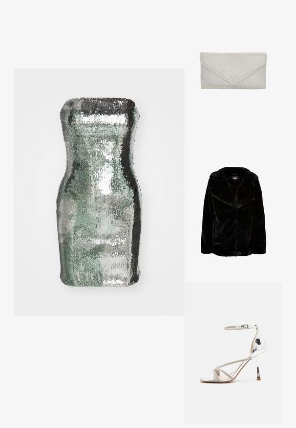Sort faux fur jakke med bred krave, lange ærmer og en afslappet pasform. Den glatte tekstur og de klare linjer skaber en moderne silhuet.; Sølv- og grønfarvet cylindrisk taske dækket af pailletter, med en glat tekstur og reflekterende overflade, og som har en buet silhuet.; Sølv højhælede sandal med en snøredesign, glitrende materiale, rhinsten accenter og en slank ankelrem. Firkantet tå og poleret hæl.; Sølv clutch taske med en tekstureret overflade af små, skinnende perler. Har en kuvertform og en trekantet flaplukning.