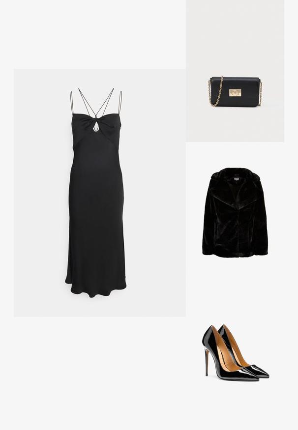 Mustan keinoturkishaalarin leveät läpät, pitkät hihat ja rento malli. Sileä pinta ja puhtaat linjat luovat modernin siluetin.; Calvin Klein MICRO STRAP TWIST SLIP DRESS - Juhlamekko - black; Pari kiiltäviä, mustia patenttinahkakenkiä, joissa on terävä kärki, korkeat piikkikorot ja vaaleanruskea sisävuori valkoisella taustalla.; Musta nahkainen olkapussukka kultaketjuvöillä ja suorakaiteisella kultasoljella edessä, vaaleaa taustaa vasten.