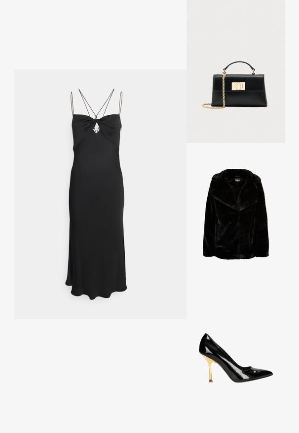 Schwarze Kunstpelzjacke mit breitem Revers, langen Ärmeln und lässiger Passform. Die glatte Textur und die klaren Linien sorgen für eine moderne Silhouette.; Calvin Klein MICRO STRAP TWIST SLIP DRESS - Cocktailkleid/festliches Kleid - black; Schwarze Lackleder-High Heels mit spitzem Zehenbereich und goldenem Stiletto-Absatz. Glatte, glänzende Oberfläche mit einem dezenten Ausschnitt-Design am Knöchel.; Schwarze Lederhandtasche mit einer strukturierten Form, die einen oberen Griff und einen goldfarbenen Kettenriemen besitzt. Dekorative goldene Beschläge mit Logodetail.