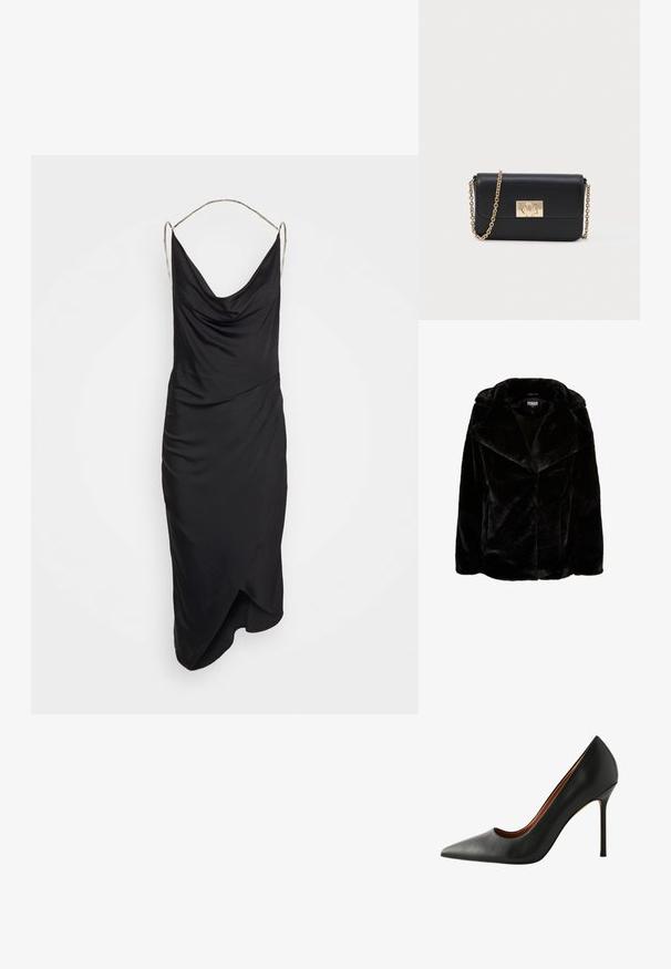 Schwarze Kunstpelzjacke mit breitem Revers, langen Ärmeln und lässiger Passform. Die glatte Textur und die klaren Linien sorgen für eine moderne Silhouette.; Et Ochs ILA CHAIN COWL NECK MIDI DRESS - Cocktailkleid/festliches Kleid - black; Schwarze Leder-Pumps mit hohen Absätzen, spitzer Form und glatter Textur. Mit einem schlanken Stiletto-Absatz und einem tief ausgeschnittenen Bereich an den Seiten.; Schwarze Leder-Crossbody-Tasche mit goldener Kettenhenkel und rechteckiger goldener Schnalle auf der Vorderseite, vor einem einfachen hellen Hintergrund.