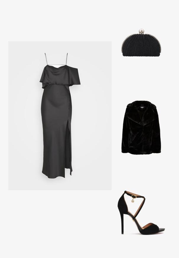 Schwarze Kunstpelzjacke mit breitem Revers, langen Ärmeln und lässiger Passform. Die glatte Textur und die klaren Linien sorgen für eine moderne Silhouette.; Weekday ELIA OFF SHOULDER DRESS - Ballkleid - anthracite grey; Schwarze Wildleder-Hochzeitsandaletten mit gekreuzten Knöchelriemen, goldenen Beschlägen, offenem Zehendesign und einer glatten Lederinnensohle.; Schwarze Abend-Clutch mit strukturiertem Stoff, eingefasst von einer Reihe kleiner Perlen und einem großen Perlenverschluss oben.