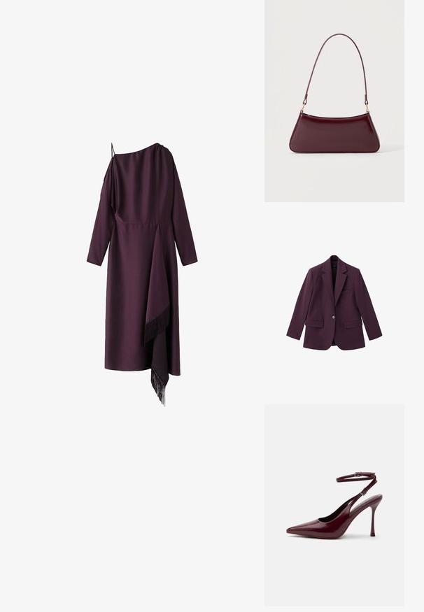 Violet blazer lavet af glat stof, med spids revers, enkelt knaplukning og to frontlommer. Struktureret pasform.; Asymmetrisk mørkelilla midikjole med ét langt ærme, én tynd skulderrem og frynset draperet detalje på den ene side.; Blank bordeaux spids tå højhælet sko med ankelrem og spænde, tynd stilet hæl, sidevisning på ensfarvet baggrund.; Mørk burgunderglans håndtaske med et enkelt tyndt håndtag og en elegant, trapezformet form på en ensartet lys baggrund.