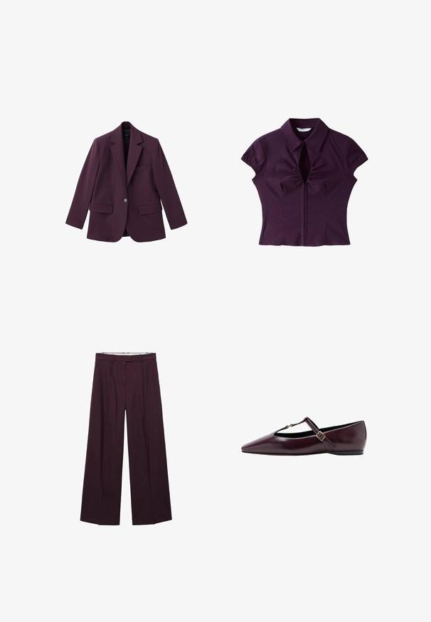 Violet blazer lavet af glat stof, med spids revers, enkelt knaplukning og to frontlommer. Struktureret pasform.; Mørkelilla bluse med korte ærmer, krave og rynkede detaljer ved den forreste centeråbning, lagt fladt på en hvid baggrund.; Viddebukser i dyb burgunder, med høj talje, frontfald og en glat stofstruktur. Enkle bæltesløjfer over taljebåndet.; Spidse flade sko i mørk burgunder læder. Har en T-strop med en lille spænde og en lav hæl. Glat tekstur med minimale detaljer.