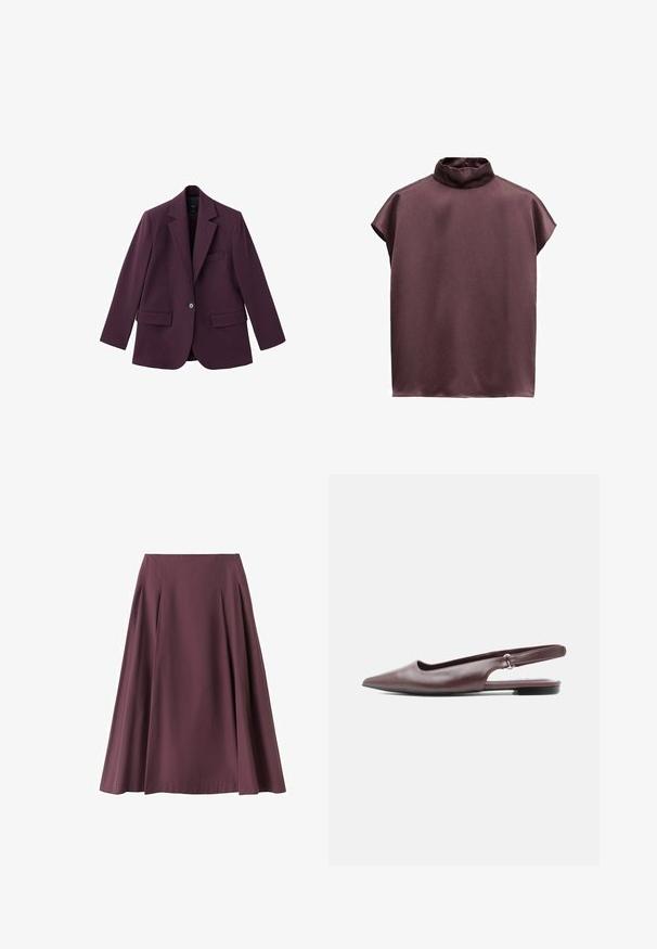 Violet blazer gemaakt van soepele stof, met een geknipt revers, enkele knoopsluiting en twee voorzakken. Gestructureerde pasvorm.; Mouwloze donker mauve satijnen blouse met een losse pasvorm en een hoge, licht geplooide coltrui.; Midilange rok in A-lijn model in diepe pruimkleur met subtiele plooien en een gladde tailleband, gemaakt van lichtgewicht stof.; Bordeauxrode platte slingback schoen met puntige neus, lage hak en verstelbare band, op witte achtergrond.
