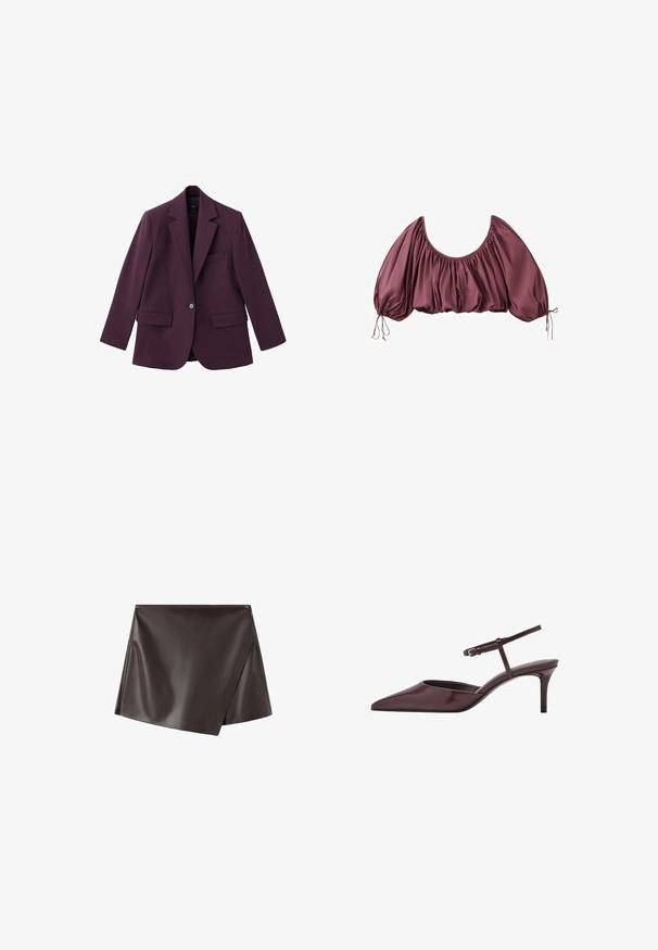 Violet blazer gemaakt van soepele stof, met een geknipt revers, enkele knoopsluiting en twee voorzakken. Gestructureerde pasvorm.; Gecropte, off-shoulder blouse in diep mauve met geplooide stof en elastische pofmouwen, gestrikt aan de polsen.; Zwarte mini-rok van imitatieleer met een wikkelontwerp, een asymmetrische zoom en een gladde textuur. Ritssluiting aan de zijkant.; Bordeaux patentleren slingback hakken met een puntige neus, dunne enkelband en een gematigde stiletto hak. Glad, glanzend afwerking.
