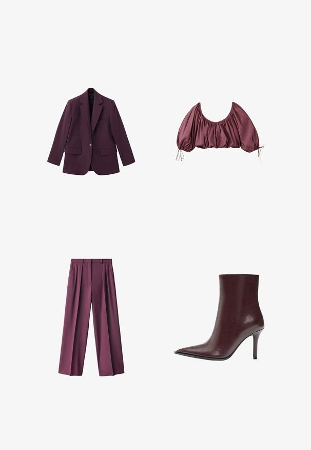 Violet blazer gemaakt van soepele stof, met een geknipt revers, enkele knoopsluiting en twee voorzakken. Gestructureerde pasvorm.; Gecropte, off-shoulder blouse in diep mauve met geplooide stof en elastische pofmouwen, gestrikt aan de polsen.; Donkerpaarse wijde broek gemaakt van zachte stof, met voorplooien en zijzakken, ontworpen met een getailleerde pasvorm voor comfort.; Enkellaarzen van bordeauxrood leer met een puntige neus en een slank silhouet, voorzien van een hoge naaldhak en een gladde textuur.