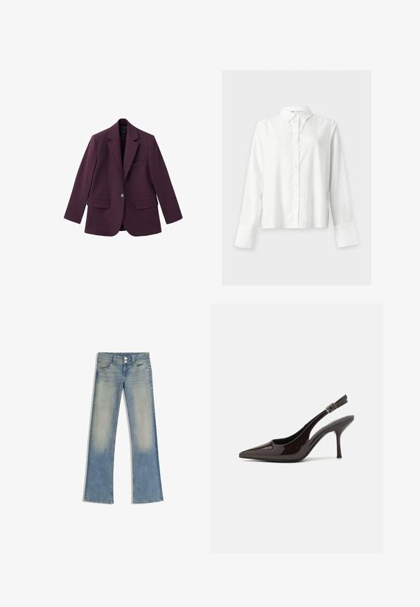 Violet blazer gemaakt van soepele stof, met een geknipt revers, enkele knoopsluiting en twee voorzakken. Gestructureerde pasvorm.; Wit overhemd met lange mouwen, knopen, kraag en brede manchetten, getoond op een effen lichte achtergrond.; Lichtblauwe flare jeans van denim met een vervaagde wassing, voorzien van een voorste knoopsluiting, vijf zakken en gestikte details op de naden.; Slingback hoge hak schoen in glanzend donkerbruin patentleer, puntige neus, open zijkanten en verstelbare enkelband.
