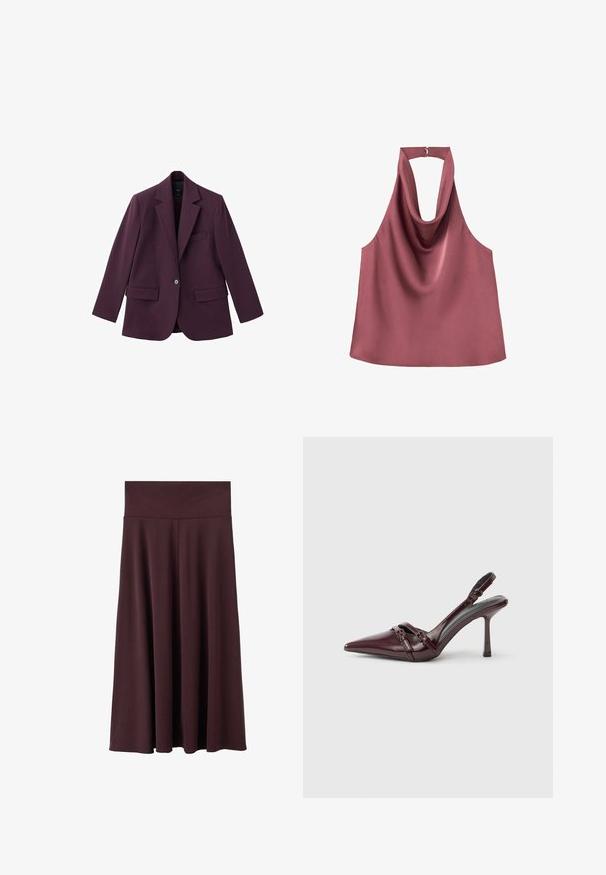 Violet blazer gemaakt van soepele stof, met een geknipt revers, enkele knoopsluiting en twee voorzakken. Gestructureerde pasvorm.; Mouwloze mauve haltertop met een gedrapeerde voorkant en een kleine gesp aan de achterzijde van de halslijn.; Marsala midi-rok gemaakt van zachte stof met een brede, elastische tailleband. Heeft een vloeiend ontwerp dat licht taps toeloopt naar de zoom.; Bordeauxrode lakleren slingback met puntige neus, dunne enkelband en kleine decoratieve gespsluiting. Gladde textuur en hoge hak.