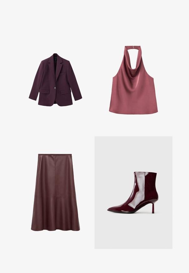 Violet blazer gemaakt van soepele stof, met een geknipt revers, enkele knoopsluiting en twee voorzakken. Gestructureerde pasvorm.; Mouwloze mauve haltertop met een gedrapeerde voorkant en een kleine gesp aan de achterzijde van de halslijn.; Bordeaux nep leren rok, A-lijn silhouet, knielengte, naden die verticale paneellijnen creëren, gladde textuur met een lichte glans.; Glanzende donkerrode enkellaars met pointed toe en dunne, middelhoge hak op een effen lichte achtergrond.