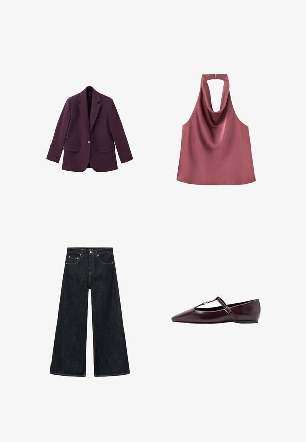 Violet blazer gemaakt van soepele stof, met een geknipt revers, enkele knoopsluiting en twee voorzakken. Gestructureerde pasvorm.; Mouwloze mauve haltertop met een gedrapeerde voorkant en een kleine gesp aan de achterzijde van de halslijn.; Wijdvallende jeans in donker denim met een hoge taille, voorzien van twee voorzakken, een knoopsluiting en contrasterende stiksels.; Puntige ballerina in donker bordeauxleer. Voorzien van een T-band met een kleine gesp en een lage hak. Gladde textuur met minimale accenten.