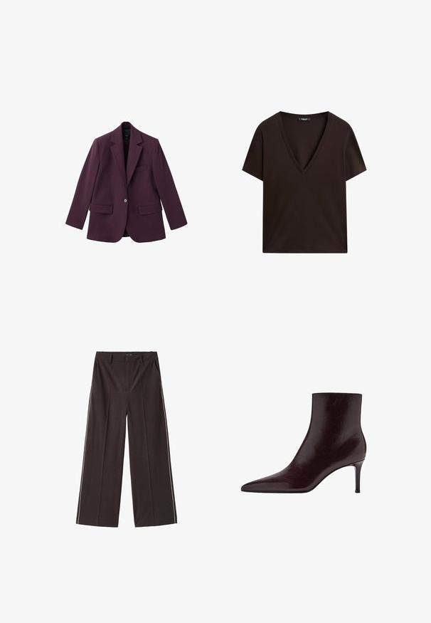 Violet blazer lavet af glat stof, med spids revers, enkelt knaplukning og to frontlommer. Struktureret pasform.; Mørkebrun T-shirt med korte ærmer og V-udskæring, med en lige kant, vist fladt mod en hvid baggrund.; Brune brede bukser lavet af glat materiale med hvide sidestriber. Funktioner inkluderer forlommer og en høj talje.; Bordeaux læder ankelstøvle med spids tå, slankt design og høj stilettohæl. Glat tekstur med subtile korndetaljer.