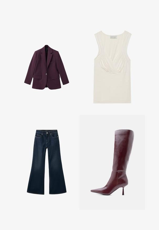 Violet blazer gemaakt van soepele stof, met een geknipt revers, enkele knoopsluiting en twee voorzakken. Gestructureerde pasvorm.; Crème-kleurige mouwloze top met een V-hals en geplooide details aan de zijkanten, gemaakt van zachte, rekbare stof. Het label zegt "ANNA FIELD."; Donkerblauwe denim flare jeans met een hoge taille, een ontwerp met vijf zakken en contrasterende stiksels. Gladde textuur met een brede pijpopening.; Knee-high bordeaux leren laars met een puntige neus, glanzende afwerking en een slanke, stilettohak. Soepele textuur met een gestroomlijnd silhouet.