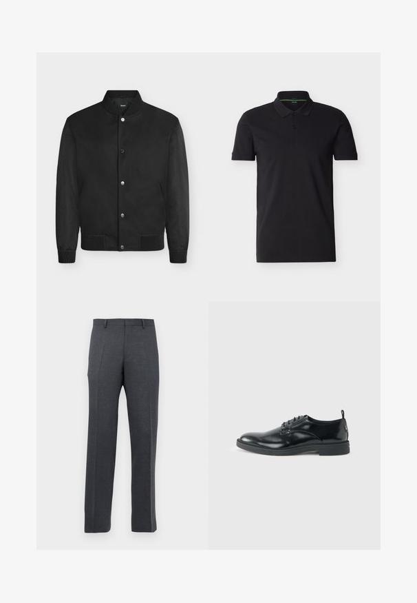 Blouson bomber noir avec col, poignets et ourlet côtelés, boutons-pression et manches texturées.; Polo noir à manches courtes avec col et patte à deux boutons, présentant un logo BOSS discret sur la poitrine et une finition intérieure verte au niveau du cou.; Pantalons habillés sur mesure gris foncé pour hommes avec passants de ceinture et plis à l'avant, affichés sur un fond blanc.; Chaussure habillée en cuir noir brillant avec un petit talon, fermeture à lacets et bout rond, vue de côté sur un fond uni et clair.