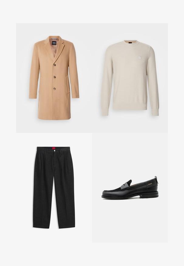 Camel uldblandede frakke med spids krave, enkeltstående knaplukning, tre brune knapper, to sidelommer og glat tekstur.; Lys beige sweater lavet af struktureret stof. Har en rund hals, lange ærmer og et lille firkantet logo på brystet.; Sorte bukser med høj talje med forreste læg, bæltestropper, knap og lynlås lukning samt en rød label indeni linningen.; Sort læderloafer med grå remdetalje, lav hæl og tekstureret sål, mærket med "HUGO" i guld på siden.