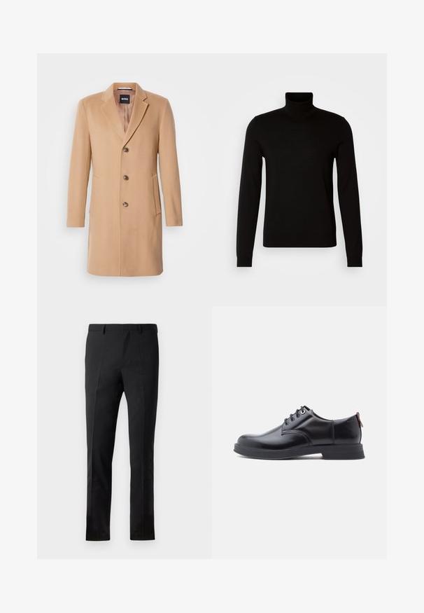 Camel wollen blend jas met een notch-lapel, een enkele sluiting, drie bruine knopen, twee zijzakken en een soepele textuur.; Zwarte coltrui van fijn gebreide stof, met lange mouwen en een getailleerde pasvorm. Gladde textuur met geribbelde manchetten.; Zwarte broeken met een getailleerde pasvorm, voorzien van een flat front, twee plooien, riemlussen en een gladde textuur. Geen zichtbare patronen of hardware.; Zwarte leren veter schoenen met een gladde textuur, ronde neus en subtiel stiksel detail. Voorzien van een rode trekband op de hiel.